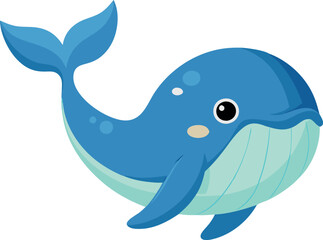 Cute blue cartoon whale illustration on white background