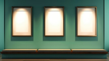 A trio of empty frames against a seafoam green wall in a modern gallery, lit softly.