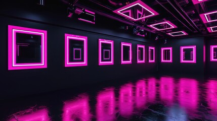 Obraz premium An art exhibit with glossy black walls showcasing neon pink frames, each one glowing under UV lights for a futuristic, vibrant effect