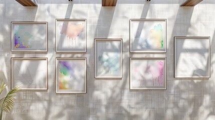 Fototapeta premium An artistic setting with frames designed with a watercolor splash pattern on a textured linen wall, illuminated by natural sunlight filtering through skylights