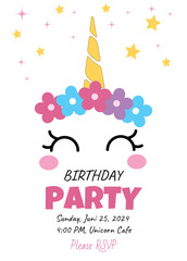 Birthday party invitation witn unicorn corn flowers cute eyes and stars