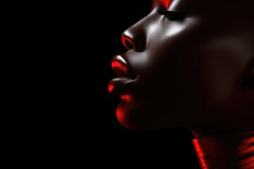 Obraz premium Closeup of beautiful african american woman lips on dark background. Classic face makeup with red lipstick. Fashion and cosmetic concept. Sensual and beauty. Mouth is open