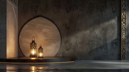 Elegant Ramadan Kareem background with traditional Islamic lanterns on a stage platform. Perfect for religious holidays, Islamic festivals, and cultural celebrations.