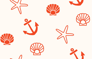 Seamless vector pattern featuring hand-drawn seashells, starfish, and anchors. Perfect for, fabrics, wallpapers, wrapping papers, and textiles. This nautical design adds a playful marine touch.