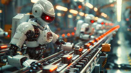 Fototapeta premium A robot methodically assembles parts on a production line, its red eyes glowing with precision and focus.