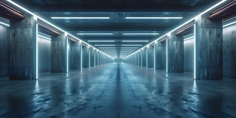 Dark Concrete Led White Lights Underground Tunnel Corridor Cement Asphalt Hallway Warehouse Tunnel Corridor Metal Structure Realistic Empty 3D Rendering
