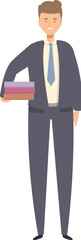 Office worker standing and holding folders, business character in flat design style