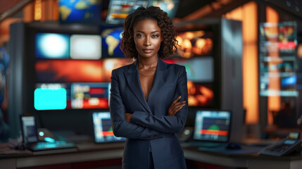 Confident TV presenter woman in a blue suit stands in a control room filled with monitors displaying data and information.