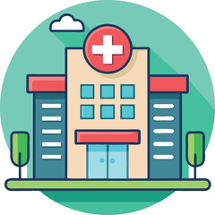 Obraz premium Colorful flat design illustration of a hospital building with a red cross symbol