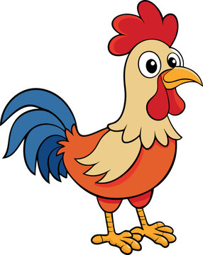 recommend clip art: Colorful cartoon rooster with bright feathers on a white background