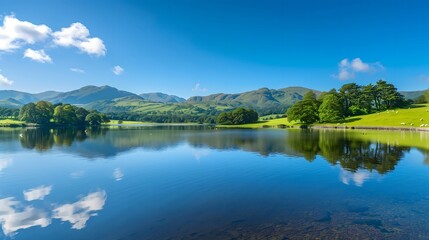 Tranquil Lake with Mountain Views and Clear Sky
