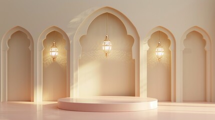 Elegant white podium stage with gold lanterns and arches, perfect for islamic luxurious decor and religious event presentation