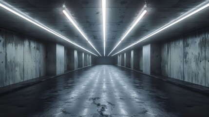 Dark Concrete Led White Lights Underground Tunnel Corridor Cement Asphalt Hallway Warehouse Tunnel Corridor Metal Structure Realistic Empty 3D Rendering