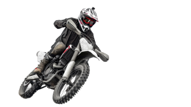 Man on motocross bike in motion on transparent background