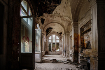 Old ruined abandoned Palace of the Grand Prince Mikhail Nikolaevich Romanov. Manor Mikhailovka in Peterhof