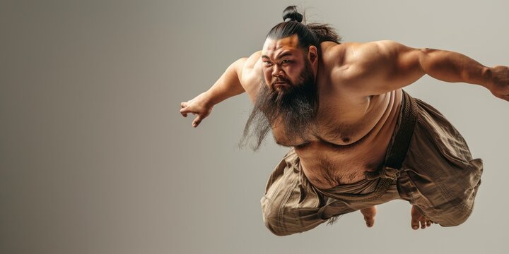 Sumo wrestler in mid-air. AI.