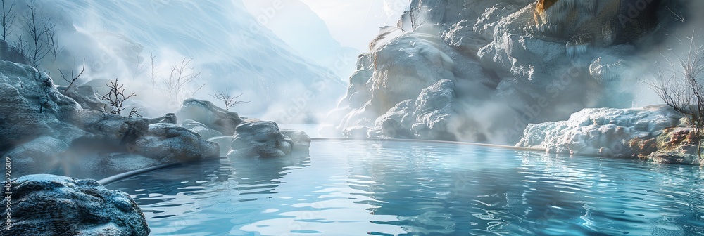 Poster a steaming hot spring pool nestled in a snowy mountain valley, with clear blue water and a hint of s