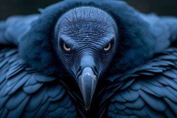 Fototapeta premium Beautiful closeup portrait of big american black vulture. Wild bird of prey. Wildlife, bird watching and ornithology. International Bird Day. Ecology, environment, animal protection concept