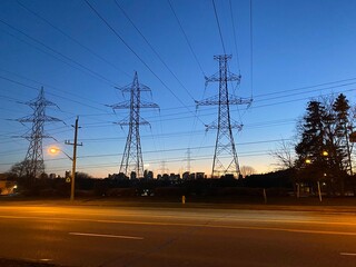 electric power lines at sunset