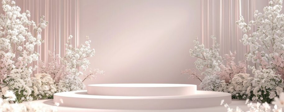 Empty white podium stage for product display with delicate white flowers backdrop, Minimal luxury 3D design for cosmetic, perfume, jewelry showcase, wedding, birthday celebration - Powered by Adobe