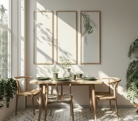 Fototapeta premium An image of a dining room with a table, chairs, and plants. AI.