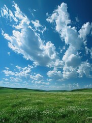 Fototapeta premium A beautiful landscape of a green field with white flowers under a blue sky with white clouds. AI.