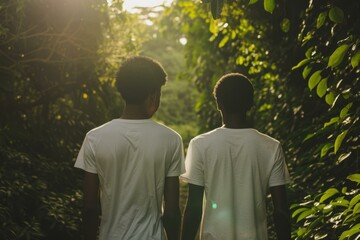 Two friends walking in the forest. AI.