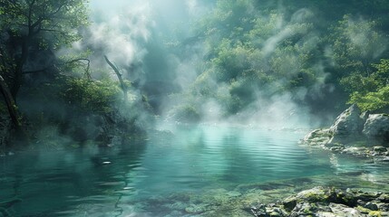 A peaceful scene of a hot spring river, surrounded by lush green trees and steam rising from the water. Generative AI