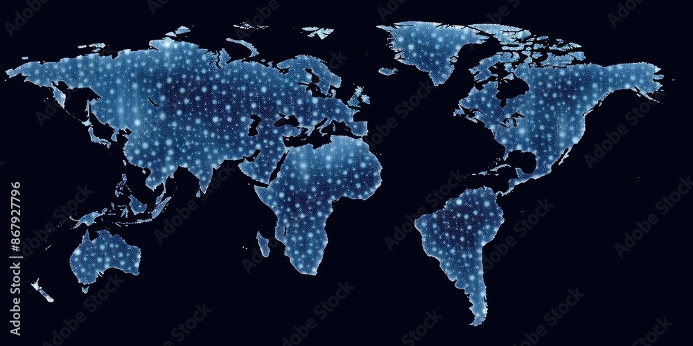 Poster glowing digital world map on a dark background with sparkling light points. global communication and