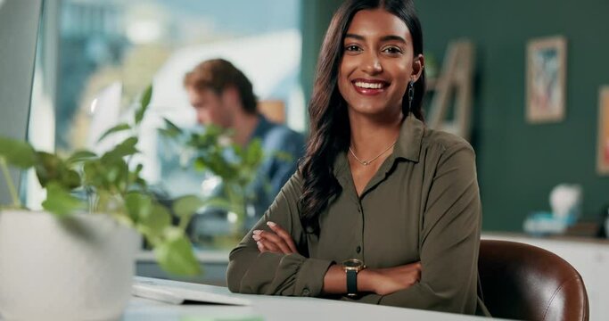 Desk, portrait and woman with smile, office and typing for cold email, online and appointment setter. Computer, happy and female employee with keyboard, virtual assistant and schedule of company
