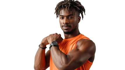 A male trainer uses a cardio fitness watch on transparent background