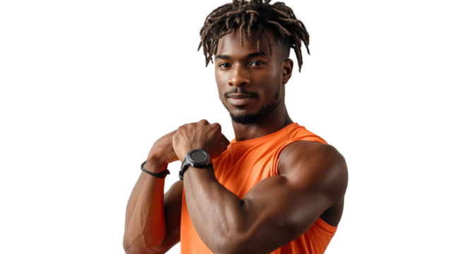 A male trainer uses a cardio fitness watch on transparent background - Powered by Adobe