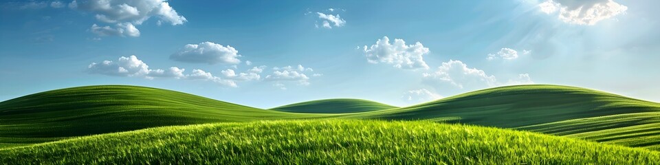 Obraz premium Green grass field on small hills and blue sky with clouds. Summer spring landscape background