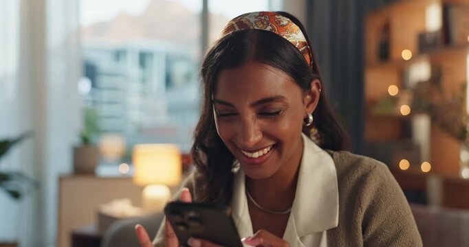 Home, happy woman and smartphone on sofa for swipe, scroll and decision on dating website. Indian girl, connection and chat with mobile app, online relationship and yes for profile match on couch