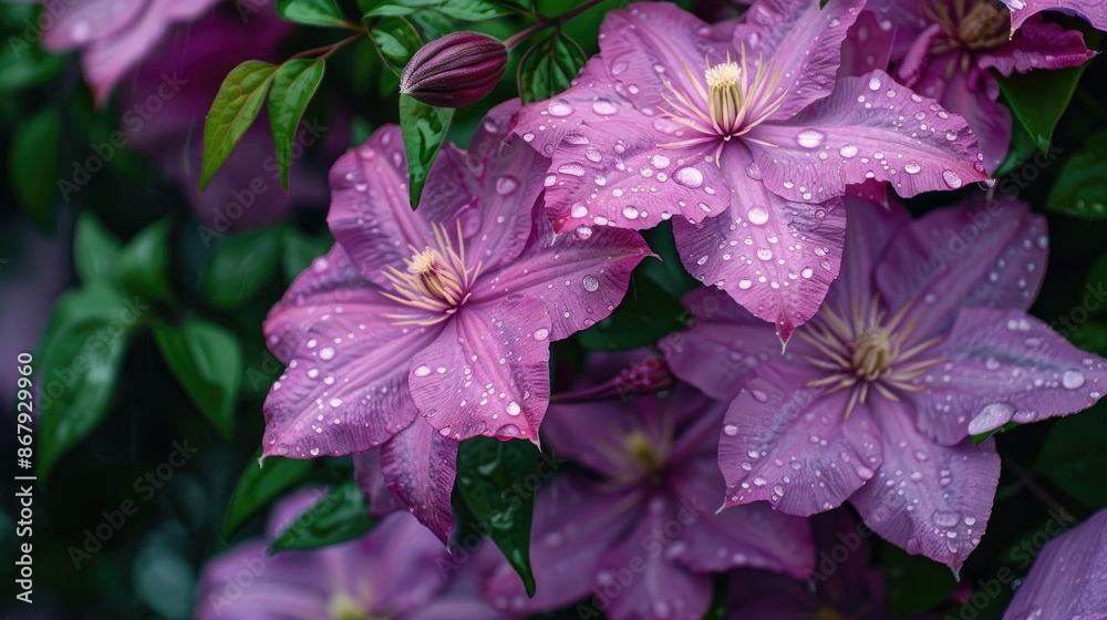 Poster Pink clematis in bloom with raindrops after rain at dusk