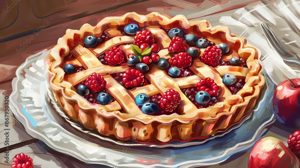 Poster a freshly baked berry pie with a lattice crust sits on a white plate, surrounded by fresh berries an