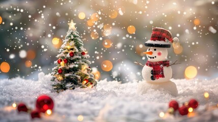 Snowman and Christmas tree Festive greetings for holiday season