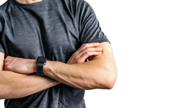 A male trainer uses a cardio fitness watch on transparent background