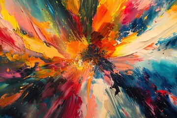 Vibrant abstract painting with explosive colors and dynamic brush strokes, perfect for modern art enthusiasts and creative design projects.