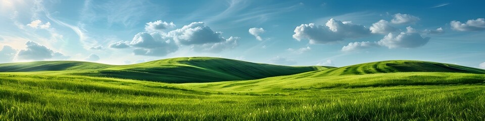 Fototapeta premium Green grass field on small hills and blue sky with clouds. Summer spring landscape background