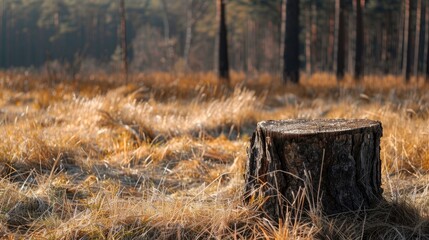 Summer woodland scene with tree stump amidst dried grass Side perspective with blank area