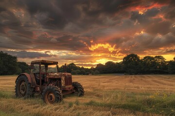 Fototapeta premium An old tractor is sitting in a field with a beautiful sunset in the background. The sky is filled with clouds, creating a moody atmosphere