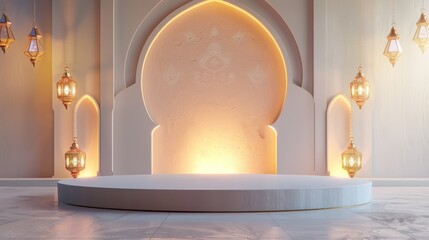 Modern arabesque podium with white arches and hanging golden lanterns, islamic background