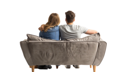 Couple sitting on couch, back view on transparent background