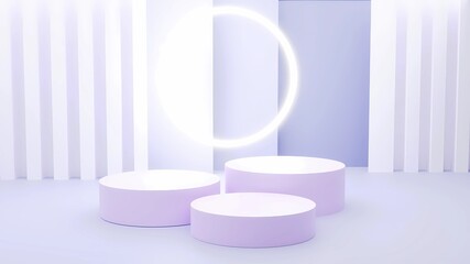 Empty pedestal display on lavender background with blank stand for product show or presentation.