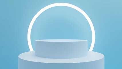 Abstract empty light blue podium on blue background. Mock up stand for product presentation. 3D Render. Minimal concept. Advertising template