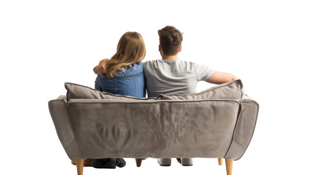 Couple sitting on couch, back view on transparent background