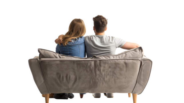 Couple sitting on couch, back view on transparent background