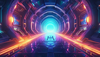 Fototapeta premium Futuristic colorful cyberpunk glowing light through the tunnel background