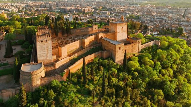 Aerial view of the Alhambra palace at sunset in Granada, Andalusia, Spain
